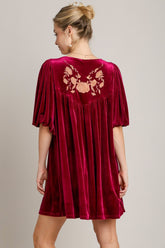 Umgee Embroidered Half Sleeve Velvet Mini Dress with Tassel OutfitFlow